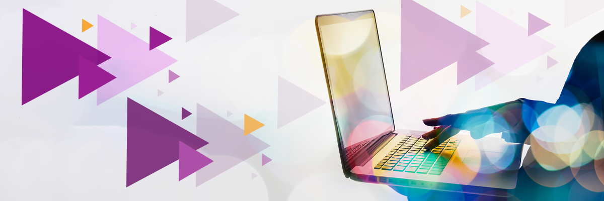 A woman on a laptop with colorful purple triangles surrounding her. 