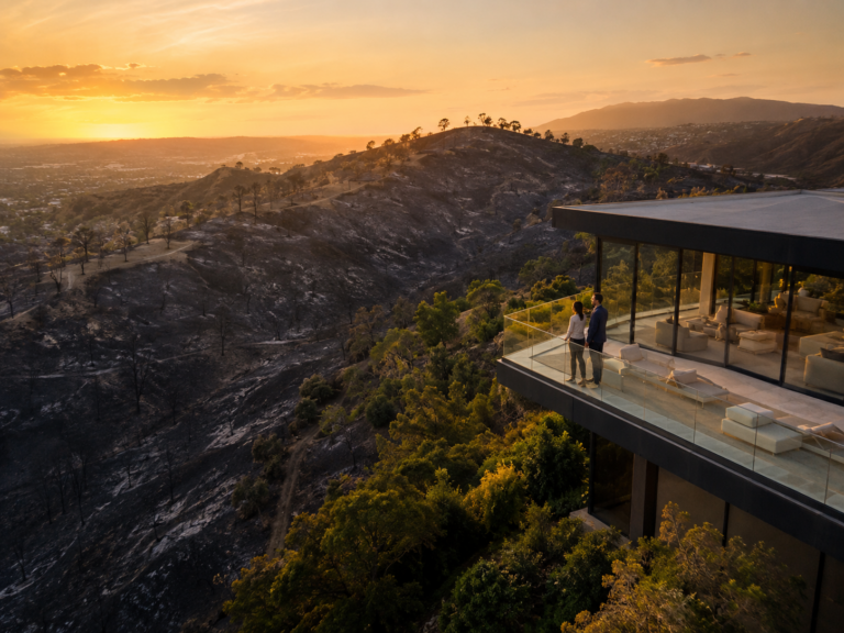 homeowners overlooking charred landscape